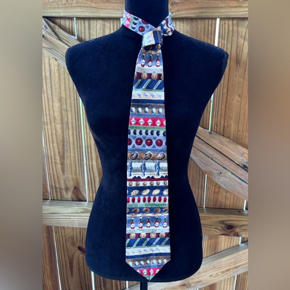 Tabasco Colorful Silk Necktie Featuring Seafoods & Hot Sauce Bottles